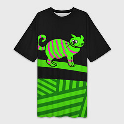 Футболка женская длинная Зеленый полосатый кот, цвет: 3D-принт