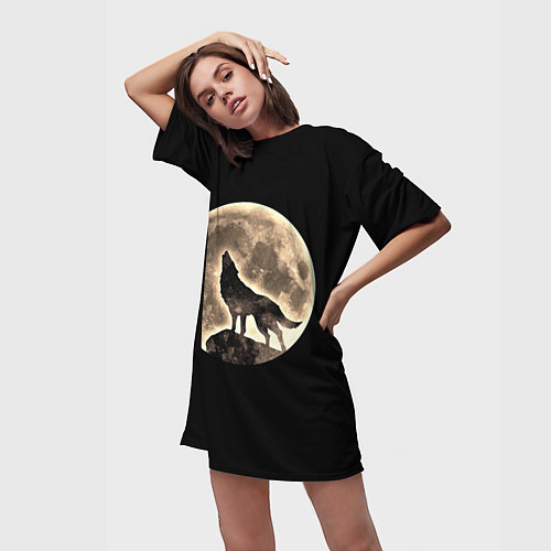 Женская длинная футболка Волк и Полнолуние / 3D-принт – фото 3