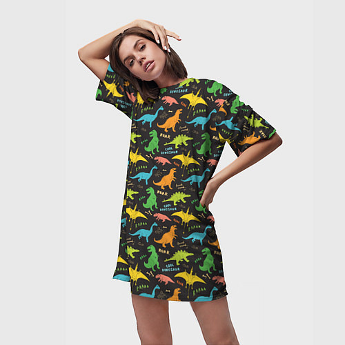 Женская длинная футболка Разноцветные Динозавры / 3D-принт – фото 3