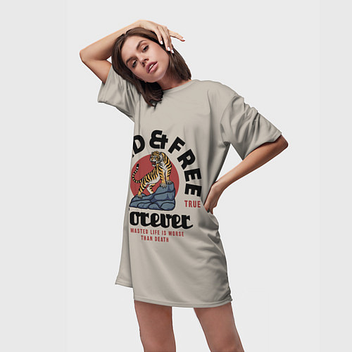 Женская длинная футболка Дикий тигр на скале / 3D-принт – фото 3