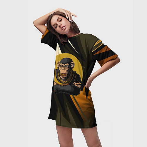 Женская длинная футболка Обезьяна с золотой цепью / 3D-принт – фото 3