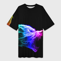 Футболка женская длинная Wolf Grin Волк Оскал Неон Neon, цвет: 3D-принт