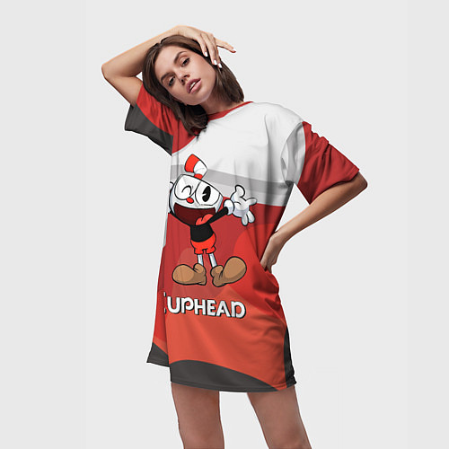Женская длинная футболка Cuphead веселая красная чашечка / 3D-принт – фото 3