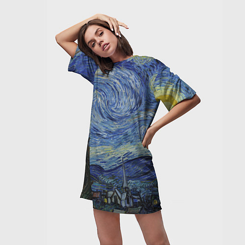Женская длинная футболка Звездная ночь Ван Гога / 3D-принт – фото 3