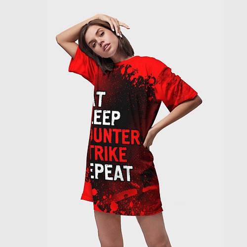 Женская длинная футболка Eat Sleep Counter Strike Repeat Брызги / 3D-принт – фото 3
