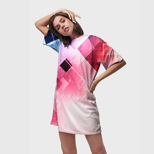 Женская длинная футболка Розово-голубая абстрактная геометрия / 3D-принт – фото 3