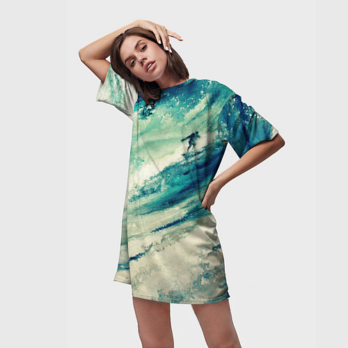 Женская длинная футболка Лазурная волна / 3D-принт – фото 3