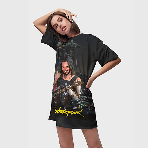 Женская длинная футболка Johnny в гитарой Джонни Cyberpunk2077 / 3D-принт – фото 3