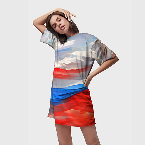 Женская длинная футболка Флаг России в красках / 3D-принт – фото 3