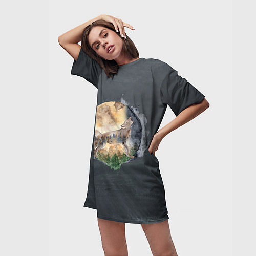 Женская длинная футболка Волк на фоне луны / 3D-принт – фото 3