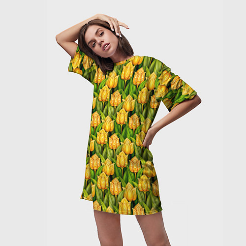 Женская длинная футболка Желтые тюльпаны паттерн / 3D-принт – фото 3
