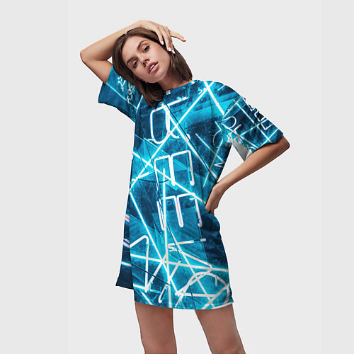 Женская длинная футболка Неоновые лучи и неоновые надписи - Голубой / 3D-принт – фото 3
