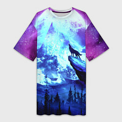 Футболка женская длинная Волк, луна, скала, цвет: 3D-принт