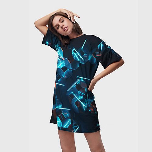 Женская длинная футболка Неоновые фигуры с лазерами - Голубой / 3D-принт – фото 3
