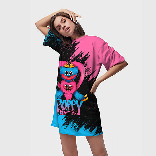 Женская длинная футболка GAME POPPY PLAYTIME HAGGY WAGGY AND KISSY MISSY / 3D-принт – фото 3