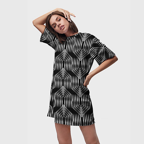 Женская длинная футболка Геометрический узор арт-деко черно-белый / 3D-принт – фото 3