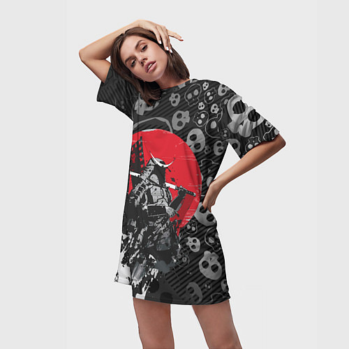 Женская длинная футболка Призрак Цусимы Самурай Красное солнце Япония / 3D-принт – фото 3