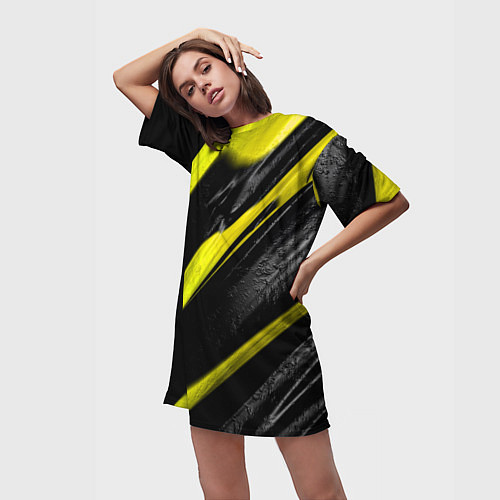 Женская длинная футболка Жёлтая и Чёрная Масляная Краска / 3D-принт – фото 3