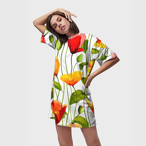 Женская длинная футболка Волнообразный узор из цветков мака Лето / 3D-принт – фото 3