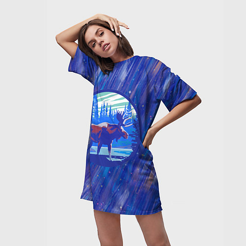 Женская длинная футболка Лось в лесу Blue / 3D-принт – фото 3