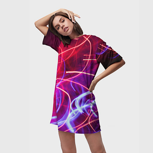 Женская длинная футболка Неоновые линии и фонари - Красный / 3D-принт – фото 3