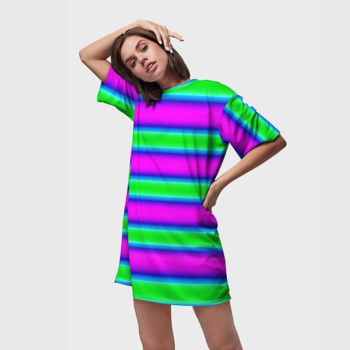 Женская длинная футболка Зеленый и фиолетовые яркие неоновые полосы striped / 3D-принт – фото 3