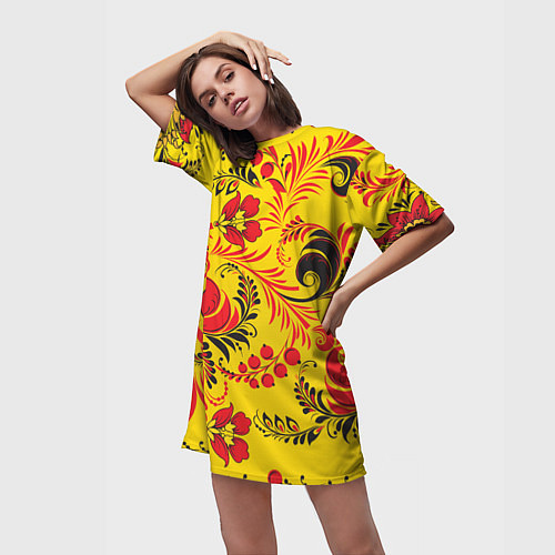 Женская длинная футболка Хохломская Роспись Цветы / 3D-принт – фото 3