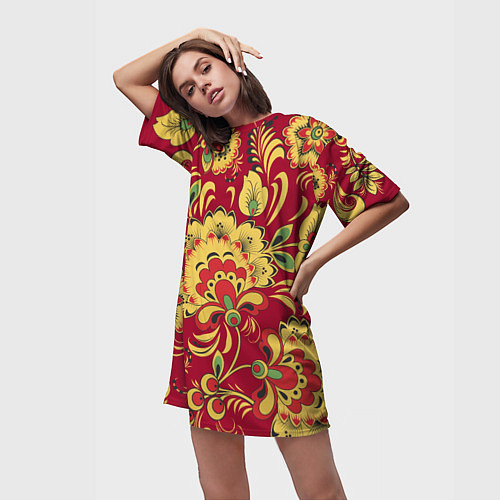 Женская длинная футболка Хохломская Роспись Цветы На красном Фоне / 3D-принт – фото 3