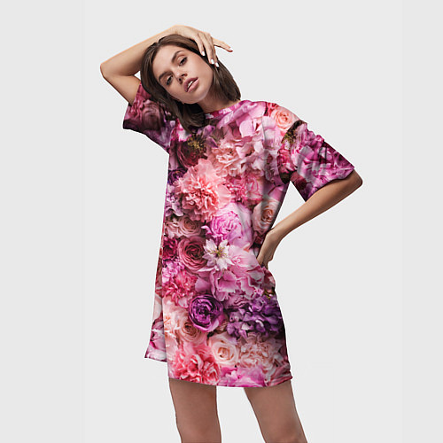 Женская длинная футболка BOUQUET OF VARIOUS FLOWERS / 3D-принт – фото 3
