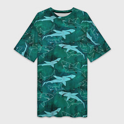 Футболка женская длинная Акулы не темно бирюзовом фоне, цвет: 3D-принт