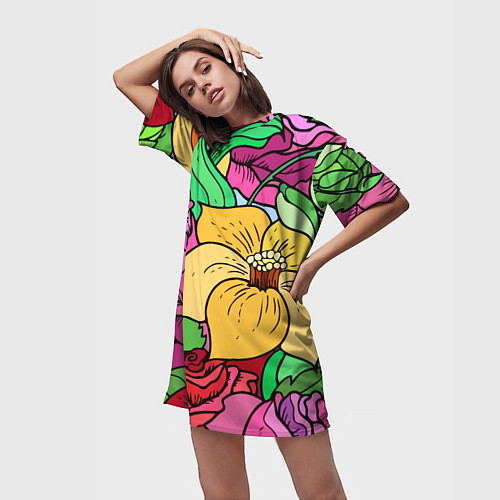 Женская длинная футболка Красочные летние цветы Fashion trend / 3D-принт – фото 3