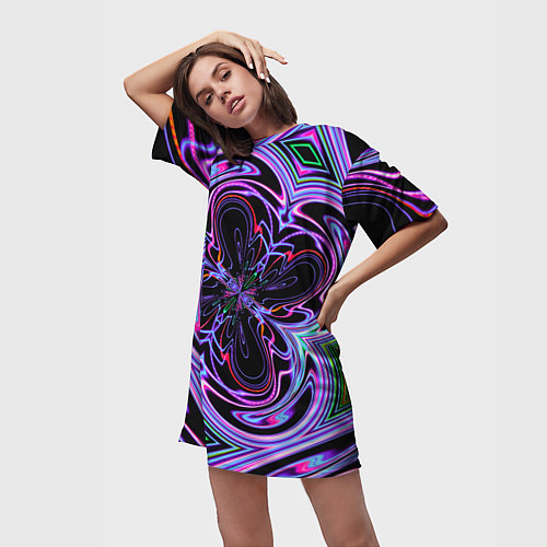 Женская длинная футболка Неоновые узоры и фигуры - Фиолетовый / 3D-принт – фото 3