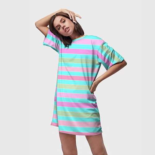 Женская длинная футболка Pink turquoise stripes horizontal Полосатый узор / 3D-принт – фото 3