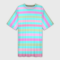 Футболка женская длинная Pink turquoise stripes horizontal Полосатый узор, цвет: 3D-принт