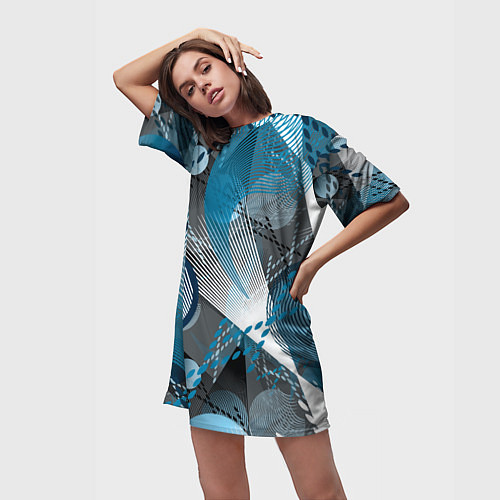 Женская длинная футболка Абстрактный серо-синий принт / 3D-принт – фото 3