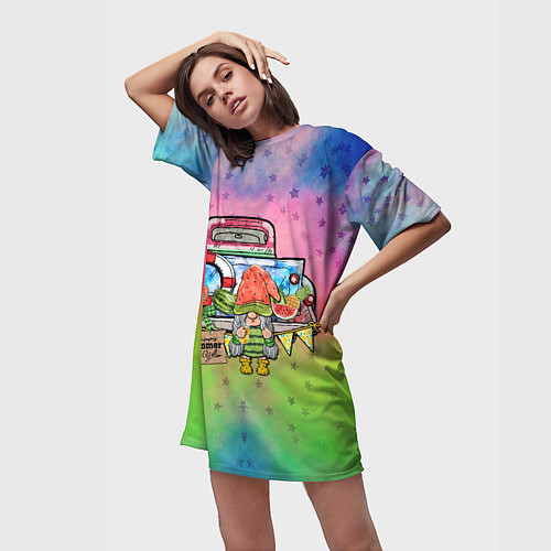 Женская длинная футболка Продавец арбузов на машине / 3D-принт – фото 3