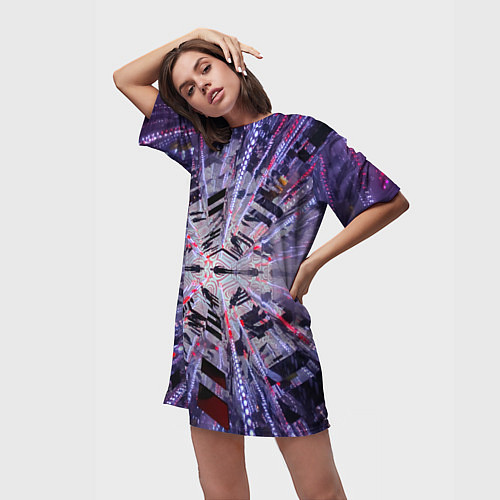 Женская длинная футболка Неоновый абстрактный коридор - Фиолетовый / 3D-принт – фото 3