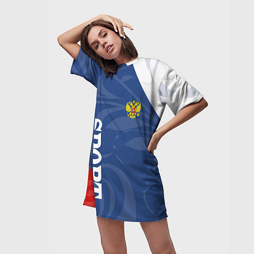 Женская длинная футболка СПРТИВНАЯ РОССИЯ - ФЛАГ - ГЕРБ / 3D-принт – фото 3
