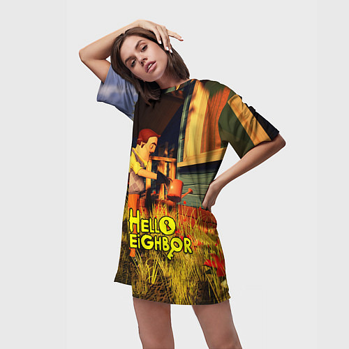 Женская длинная футболка Hello Neighbor Привет сосед Сосед поливает / 3D-принт – фото 3
