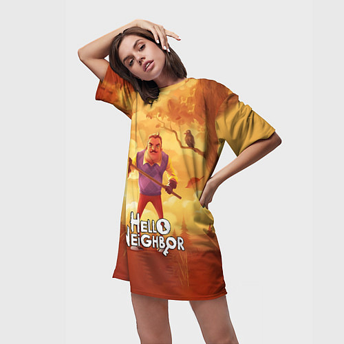 Женская длинная футболка Hello Neighbor Привет сосед Сосед с лопатой / 3D-принт – фото 3
