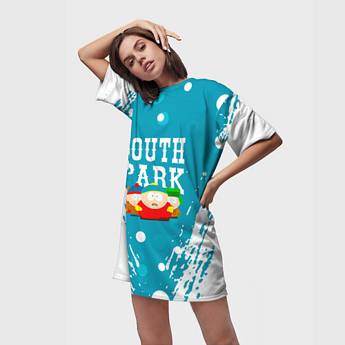 Женская длинная футболка Южный Парк - на голубом фоне / 3D-принт – фото 3