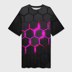 Футболка женская длинная Объёмные соты - неоновые проблески, цвет: 3D-принт