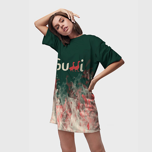 Женская длинная футболка Gucci - огонь / 3D-принт – фото 3