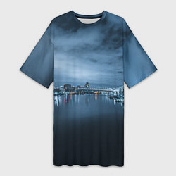 Женская длинная футболка Неоновый город вдалеке и небо - Синий