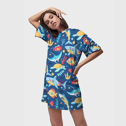 Женская длинная футболка Акула, скат и другие обитатели океана - лето / 3D-принт – фото 3