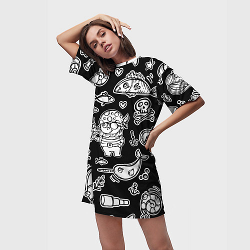 Женская длинная футболка Пират и его окружение - паттерн / 3D-принт – фото 3