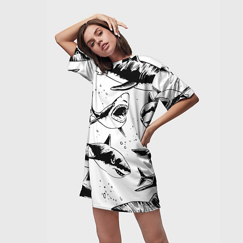 Женская длинная футболка Кровожадные акулы - стая / 3D-принт – фото 3