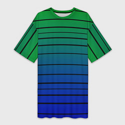 Женская длинная футболка Черные полосы на синем, зеленом градиенте