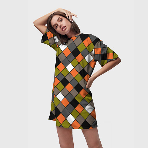 Женская длинная футболка Геометрический узор в коричнево-оливковых тонах / 3D-принт – фото 3