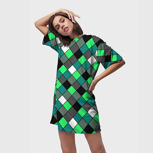 Женская длинная футболка Геометрический узор в зеленых и черный тонах / 3D-принт – фото 3